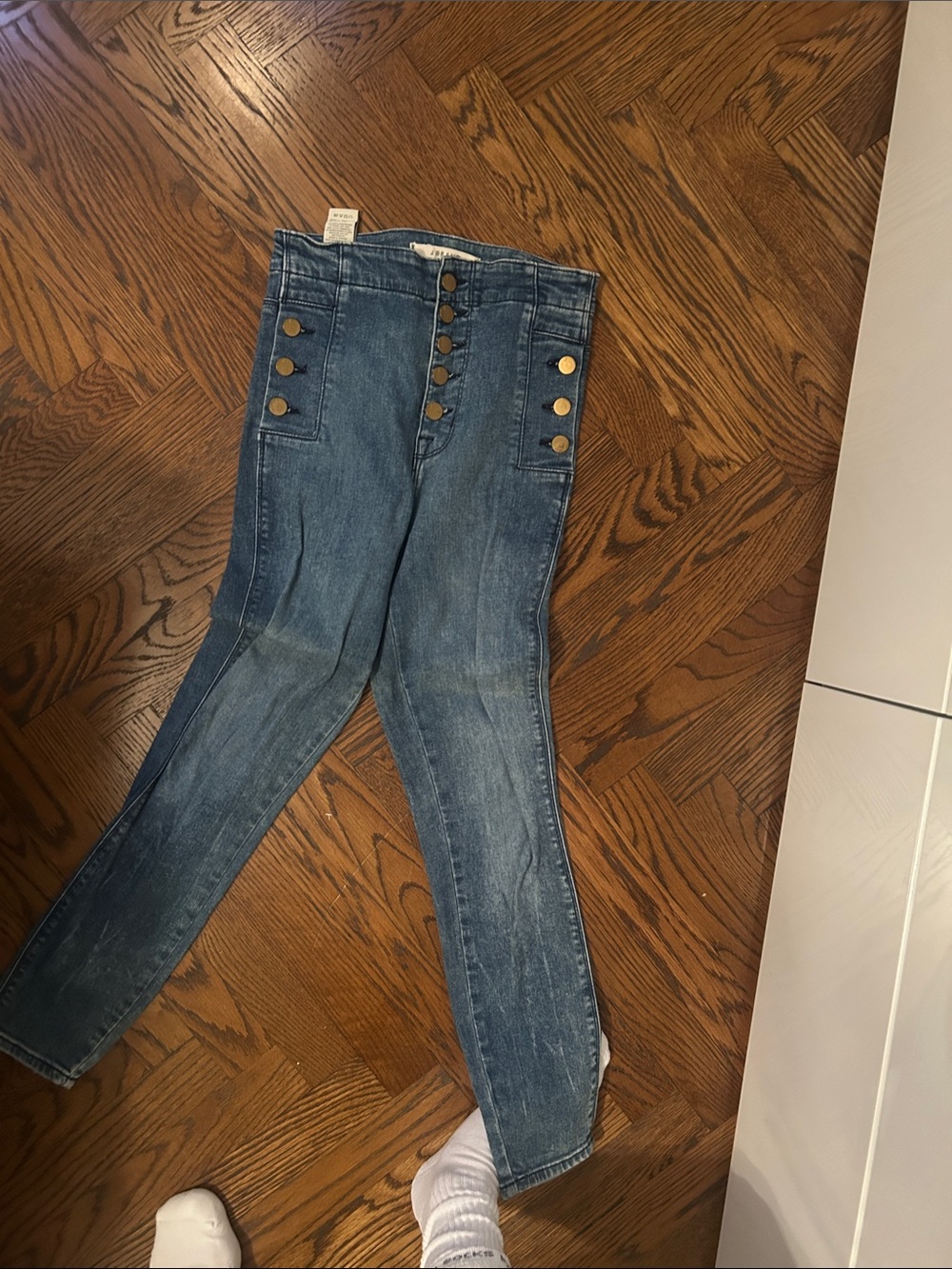 J Brand High-Rise Button-Front Skinny Jeans in Medium Blue